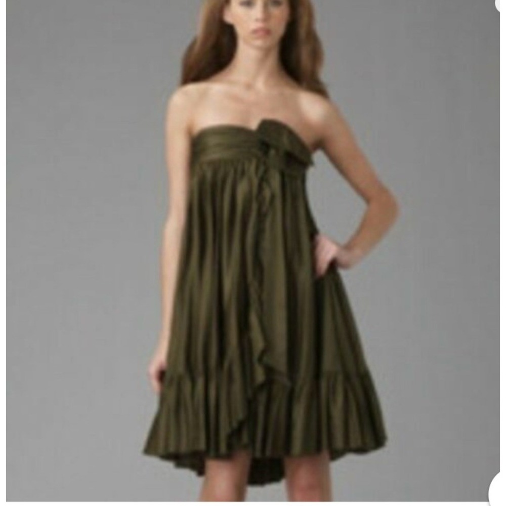 Diane von Furstenberg Strapless Tolara Dress 4 Olive Green Excellent Ruffle Silk